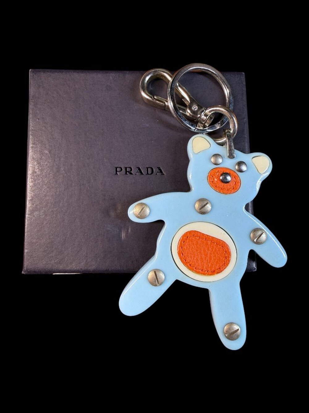 Prada Vintage Rare "Trick" Blue Teddy Bear Acrylic Keychain Bag Charm w/Box COA